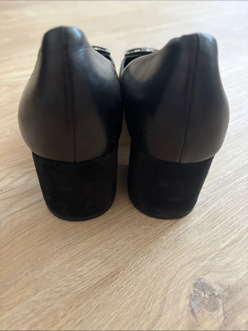 Tory Burch Black Pointed Toe Low Mirror Heel, Rhinestone Buckle, Suede,